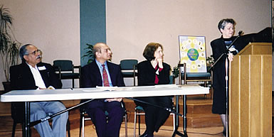 The interfaith panel at the event, L-R: Hare Chopra (Hinduism); Ahmed Motiar (Islam); Linda Fedryk (Unitarianism); Ellen Campbell, panel moderator and president of the International Association of Religious Freedom.
